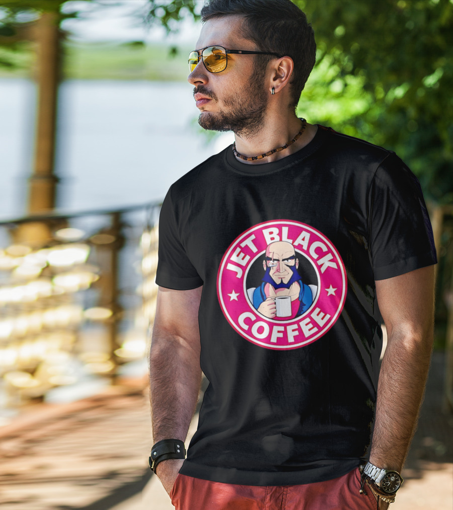 Jet Black Coffee Stern Man Holding T-Shirt