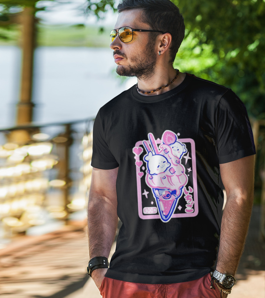 Kawaii Strawberry Ice Cream With Seals And 300 Yen Cute Hearts T-Shirt