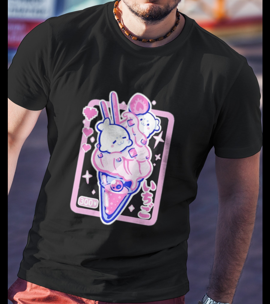 Kawaii Strawberry Ice Cream With Seals And 300 Yen Cute Hearts T-Shirt