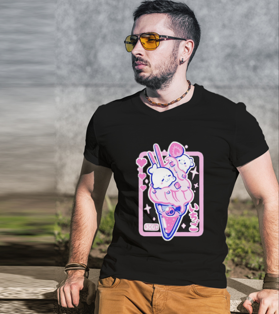 Kawaii Strawberry Ice Cream With Seals And 300 Yen Cute Hearts T-Shirt