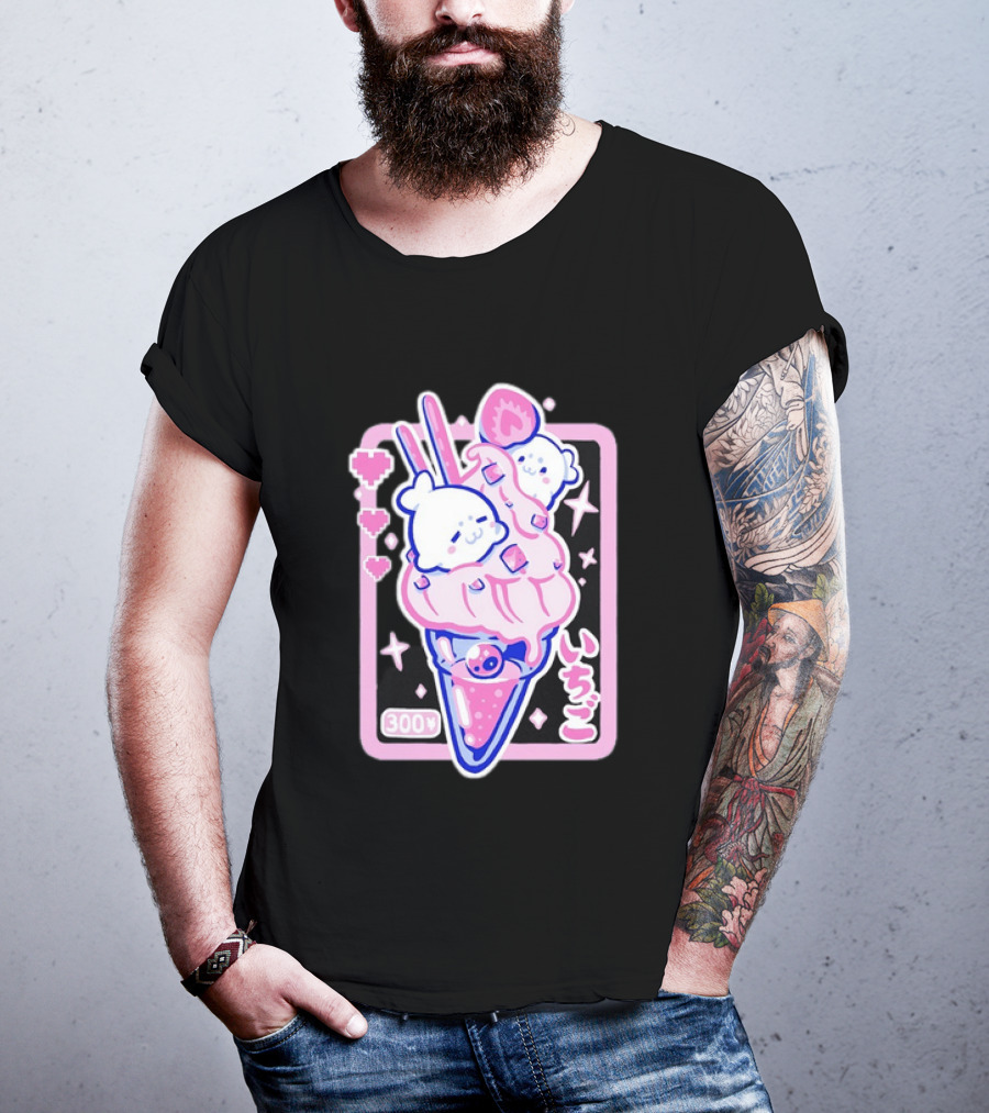 Kawaii Strawberry Ice Cream With Seals And 300 Yen Cute Hearts T-Shirt