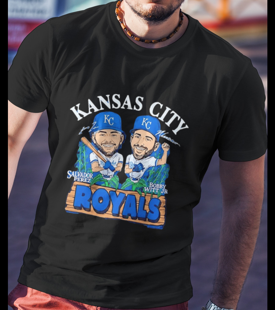 Kansas City Royals Salvador Perez Bobby Witt Jr Cartoon Baseball T-Shirt