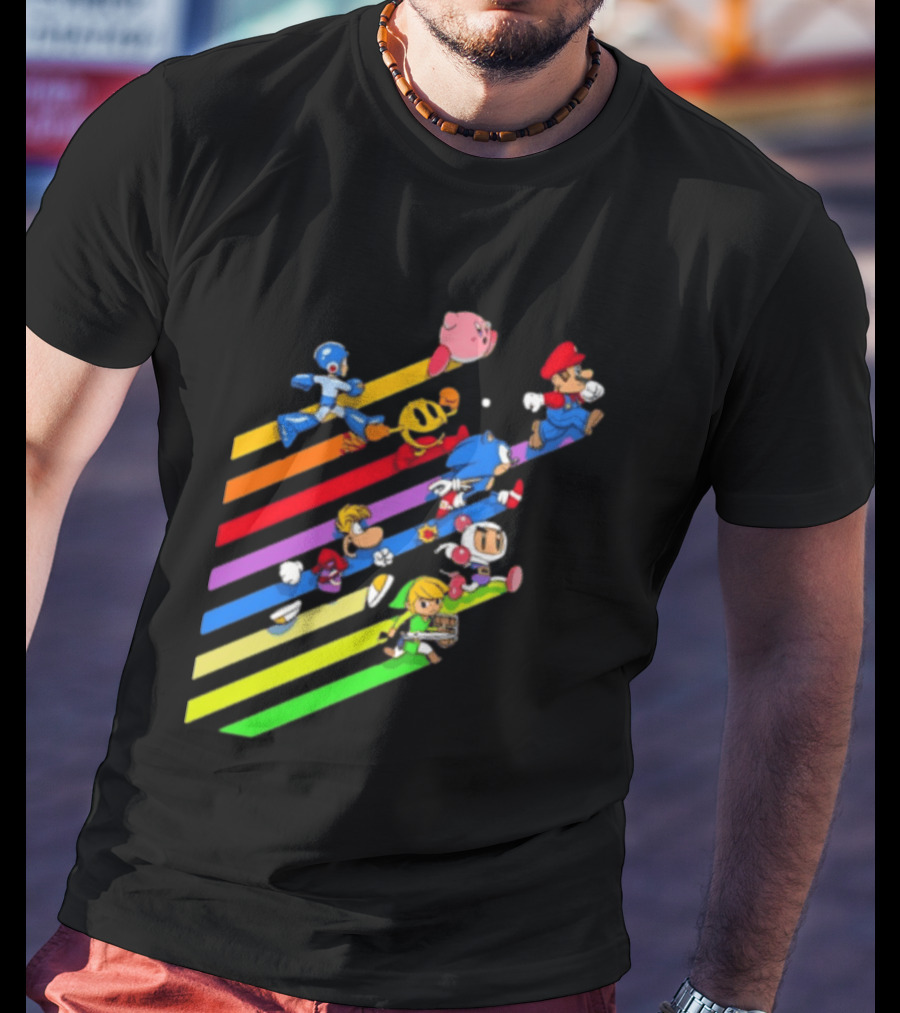 Legends Gaming Mario Pac Man Mega Man Sonic Link Kirby Bomberman Rayman Characters T-Shirt