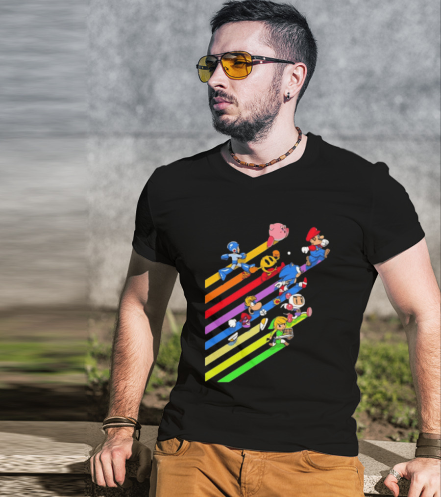 Legends Gaming Mario Pac Man Mega Man Sonic Link Kirby Bomberman Rayman Characters T-Shirt