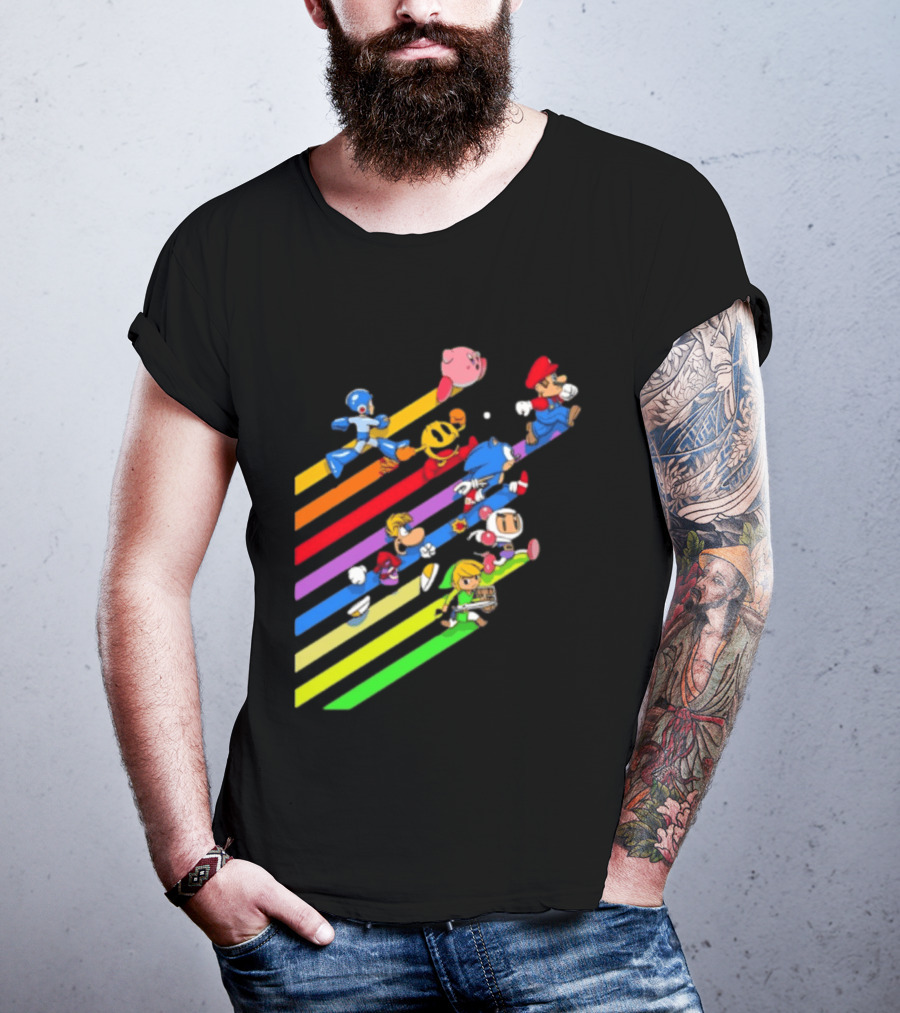 Legends Gaming Mario Pac Man Mega Man Sonic Link Kirby Bomberman Rayman Characters T-Shirt