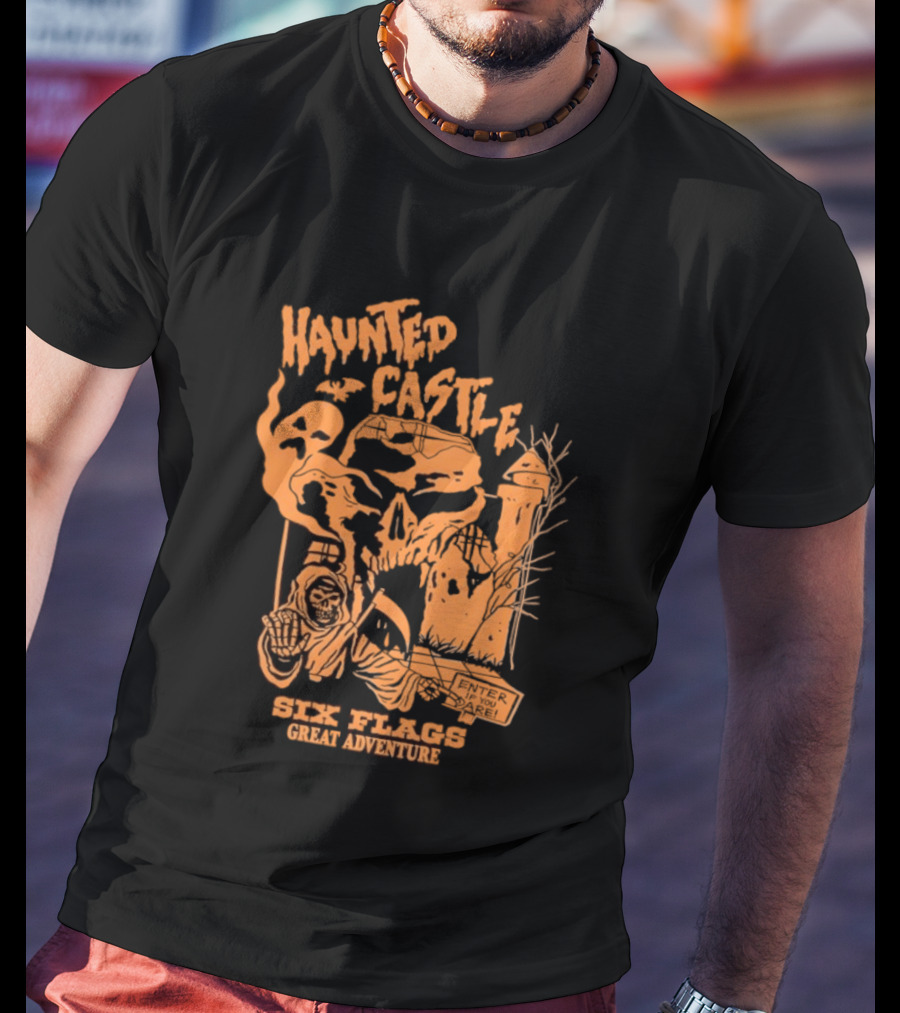 Six Flags Great Adventure Haunted Castle Enter If You Dare Spooky Skeleton And Ghosts T-Shirt