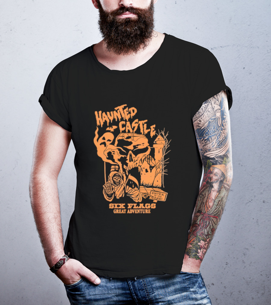 Six Flags Great Adventure Haunted Castle Enter If You Dare Spooky Skeleton And Ghosts T-Shirt