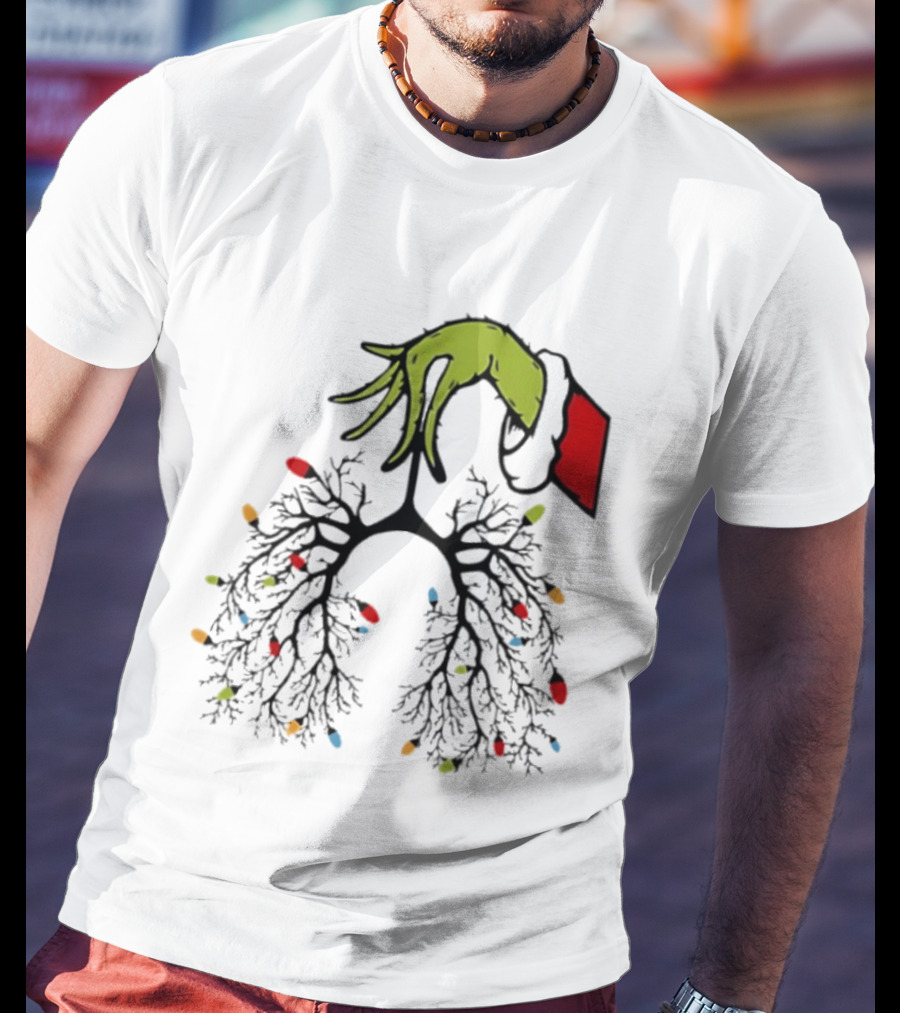 Christmas 2025 Nurse Lungs With Lights And Green Hand Santa Sleeve T-Shirt