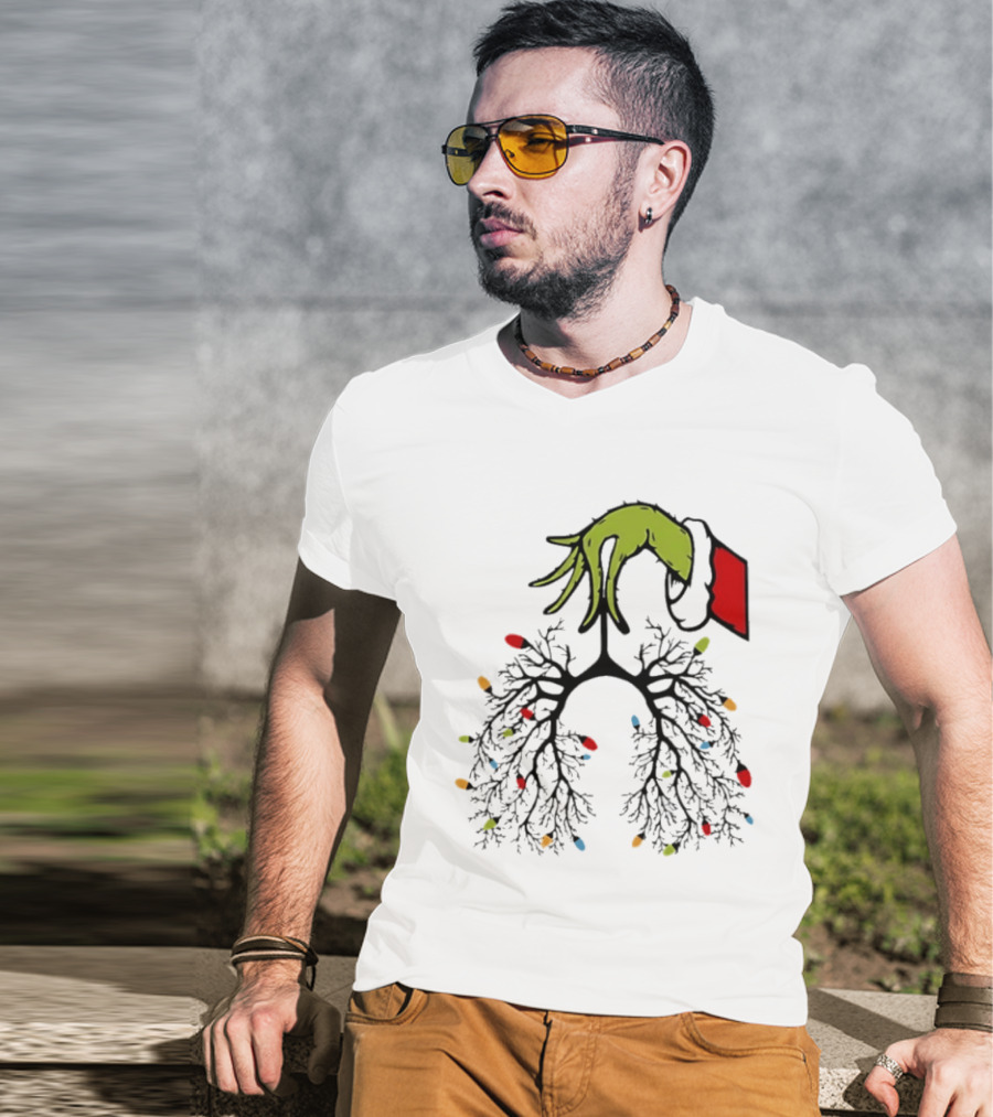 Christmas 2025 Nurse Lungs With Lights And Green Hand Santa Sleeve T-Shirt