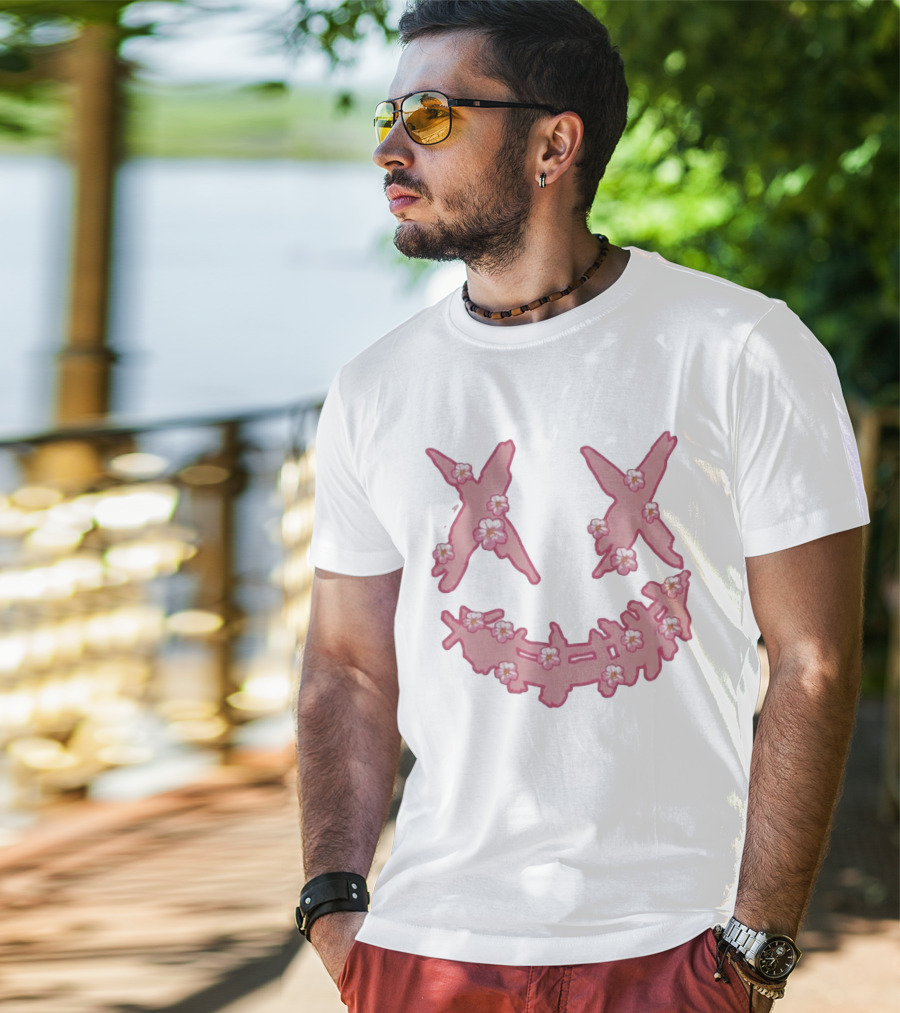 Kaos Ric Ricky Is Clown Sakura Pink Embroidery With Floral X Smiley T-Shirt