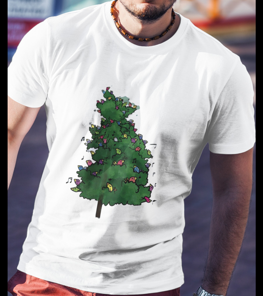 Colorful Singing Birds In Evergreen Tree With Musical Notes T-Shirt