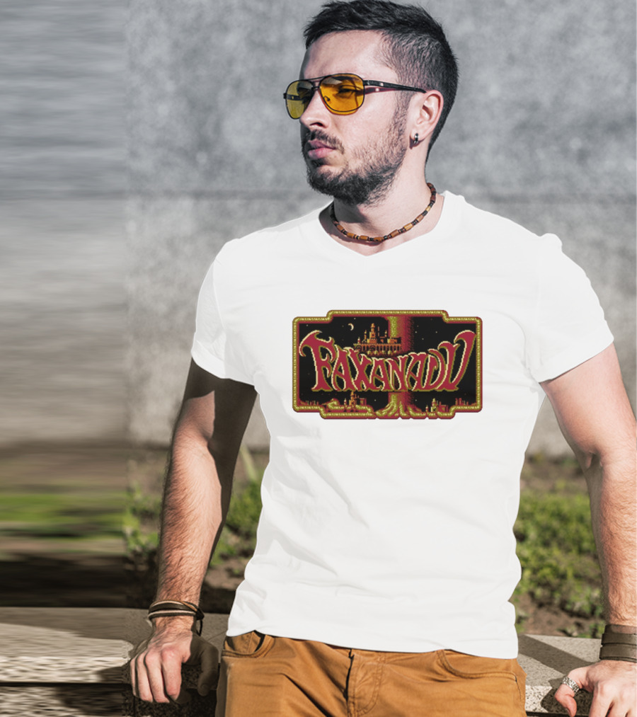 Faxanadu Retro NES Game Pixel Art Castle Moon Night Scene T-Shirt