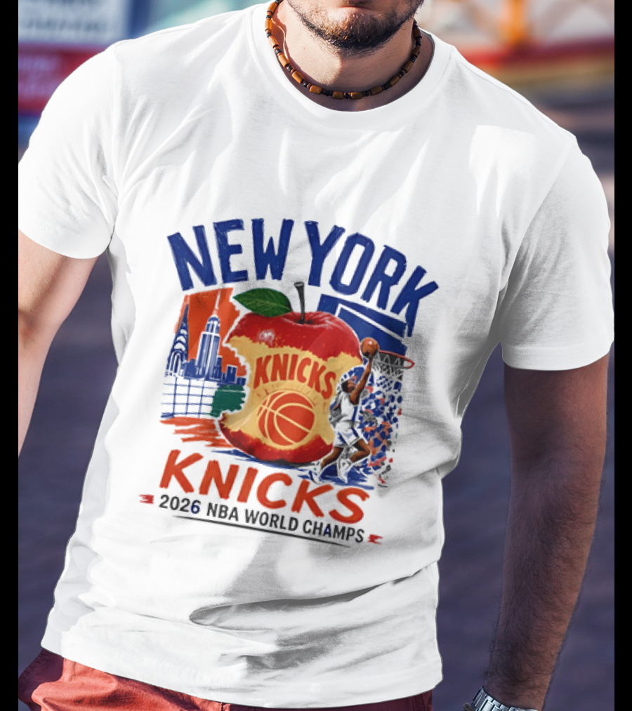 New York Knicks 2026 NBA World Champs Skyline Apple Basketball T-Shirt