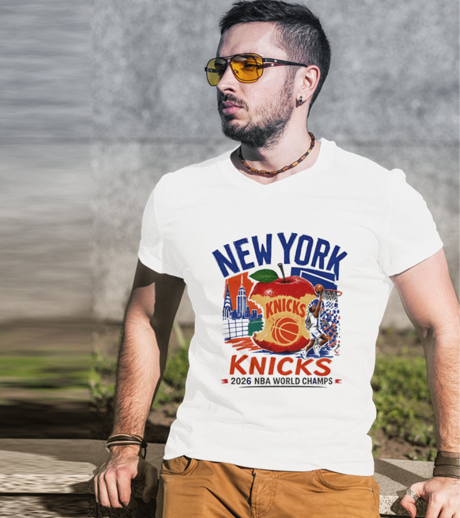 New York Knicks 2026 NBA World Champs Skyline Apple Basketball T-Shirt