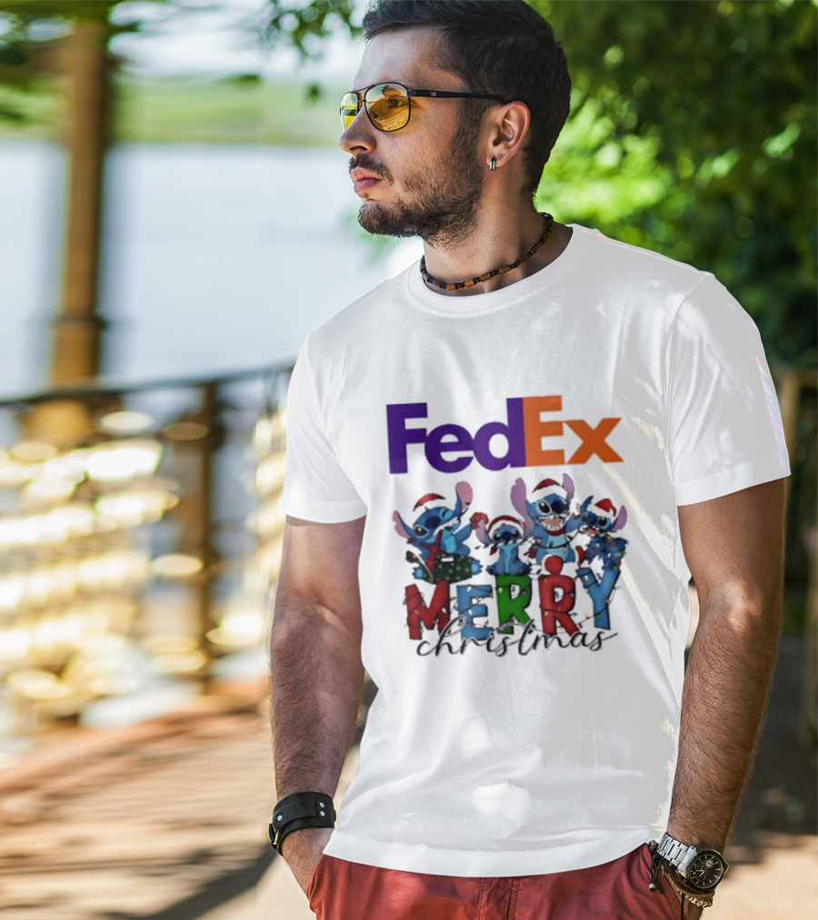 FedEx Stitch Merry Christmas 2025 Characters In Santa Hats T-Shirt