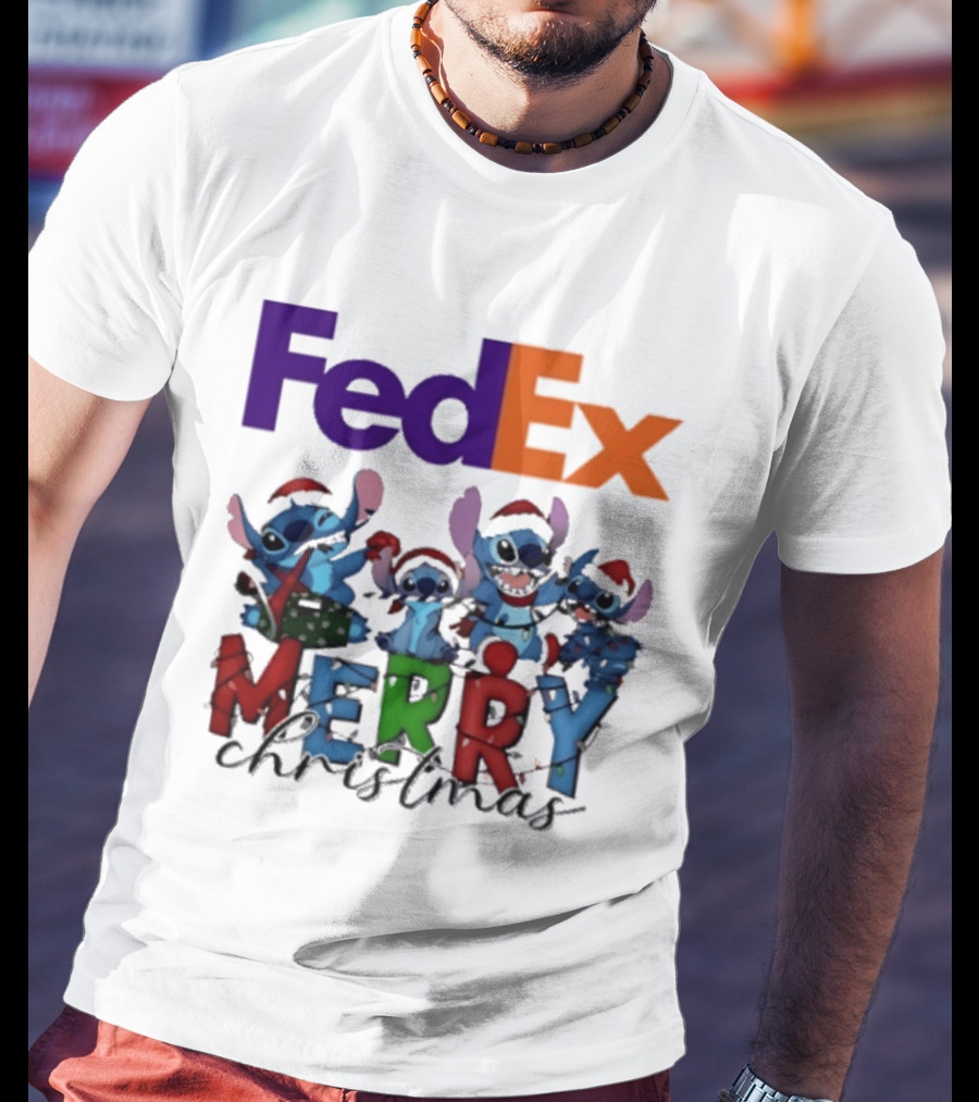 FedEx Stitch Merry Christmas 2025 Characters In Santa Hats T-Shirt