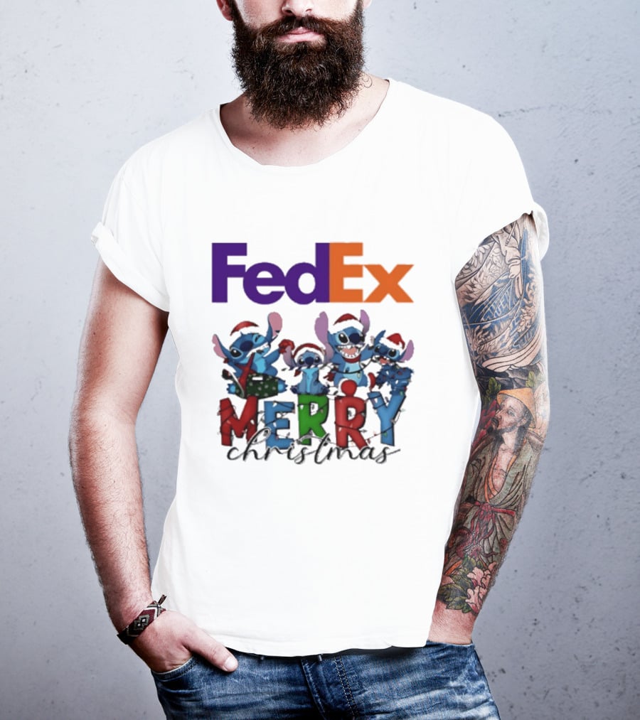 FedEx Stitch Merry Christmas 2025 Characters In Santa Hats T-Shirt