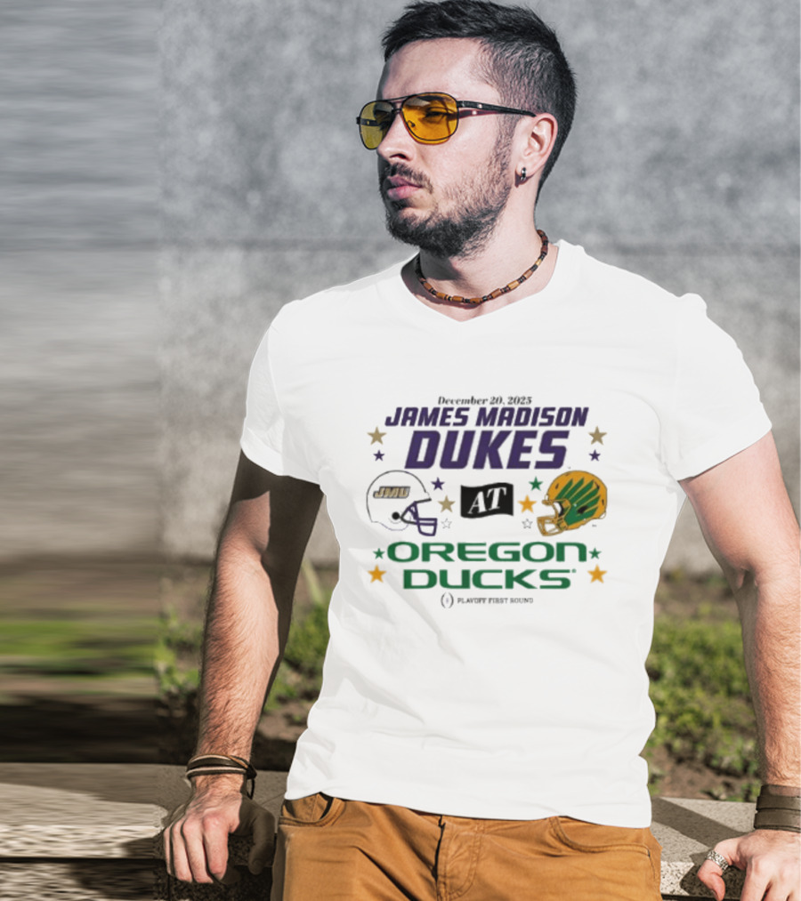 James Madison Dukes Vs Oregon Ducks December 20 2025 CFP Playoff First Round T-Shirt