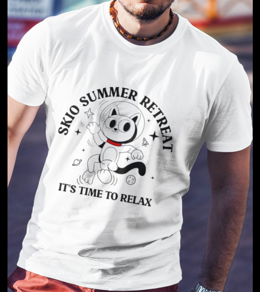 Skio Summer Retreat It's Time To Relax Cat Astronaut Adventure T-Shirt
