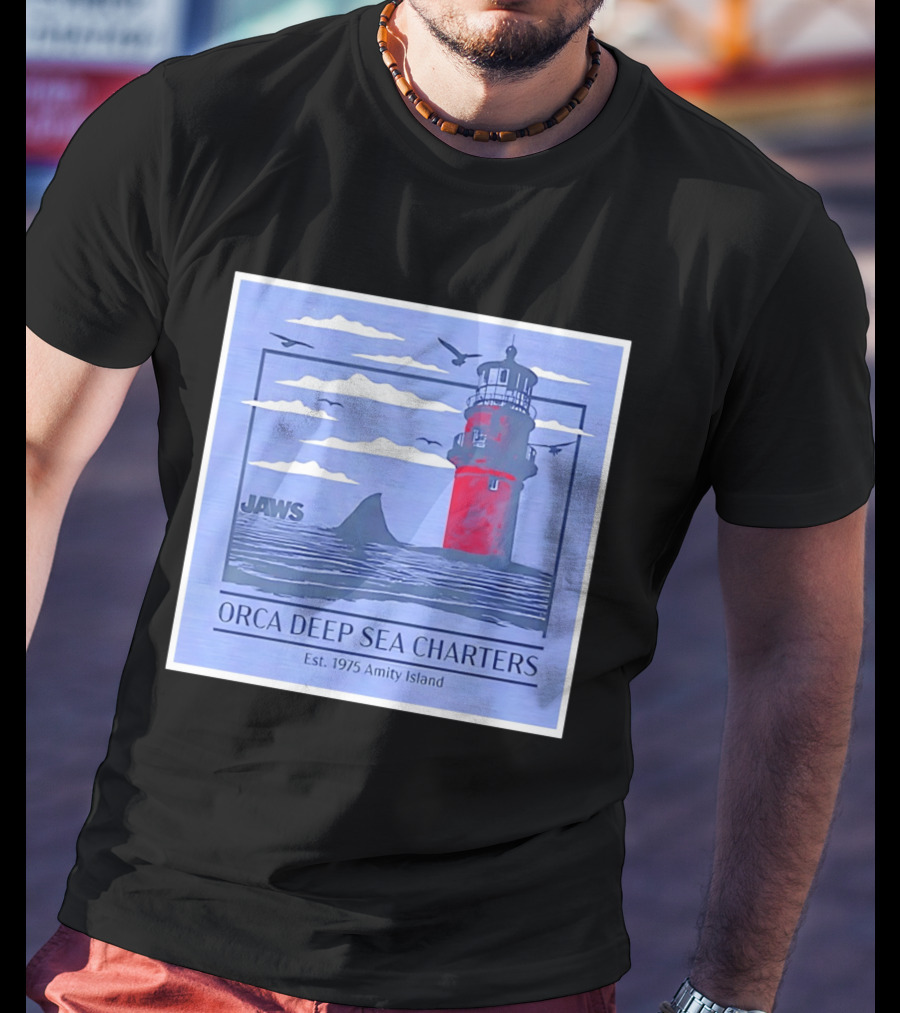 Jaws Orca Deep Sea Charters 1975 Amity Island Lighthouse Ocean Adventure T-Shirt