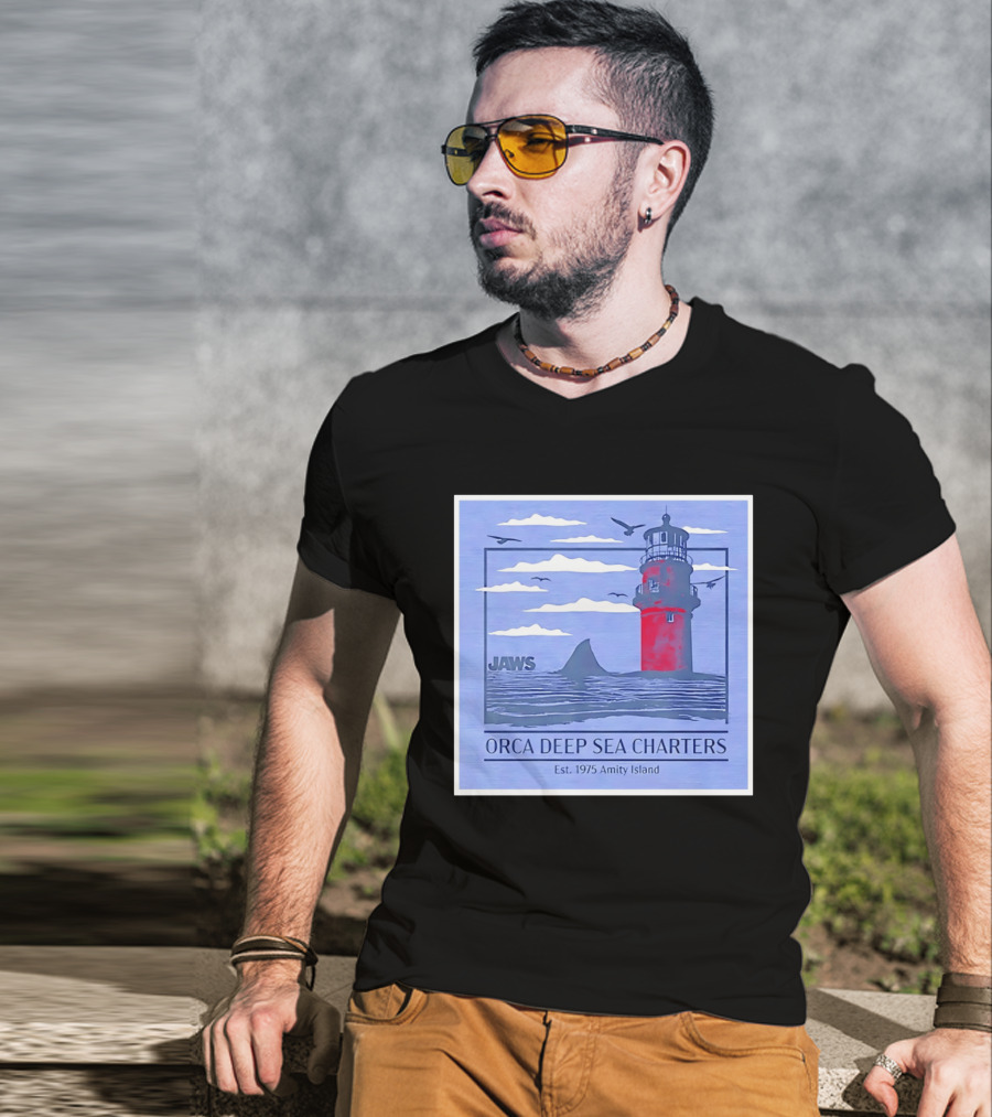 Jaws Orca Deep Sea Charters 1975 Amity Island Lighthouse Ocean Adventure T-Shirt