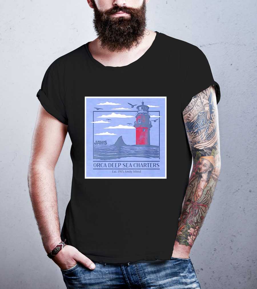 Jaws Orca Deep Sea Charters 1975 Amity Island Lighthouse Ocean Adventure T-Shirt