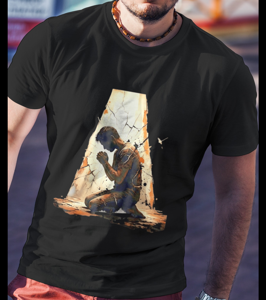 Man Kneeling In Prayer Spiritual Faith Devotion Cracked Wall And Light T-Shirt