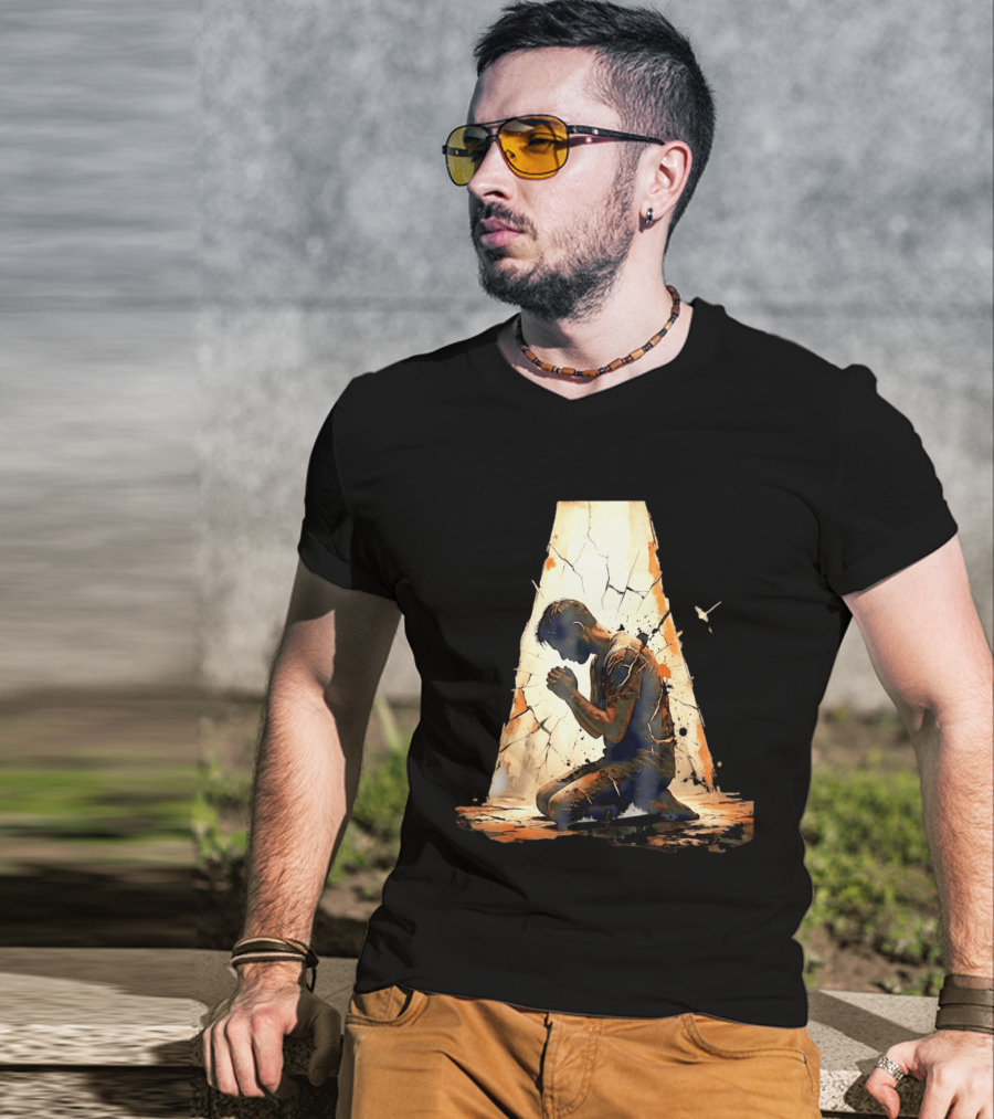 Man Kneeling In Prayer Spiritual Faith Devotion Cracked Wall And Light T-Shirt