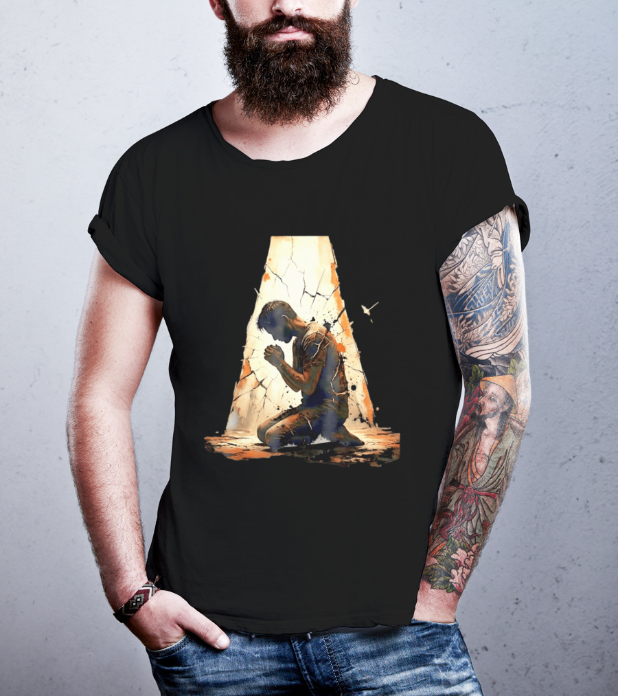 Man Kneeling In Prayer Spiritual Faith Devotion Cracked Wall And Light T-Shirt