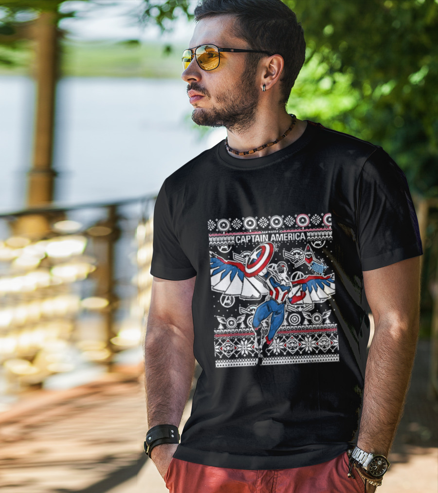 Marvel Captain America Sam Wilson Christmas Sweater Style Festive Holiday T-Shirt