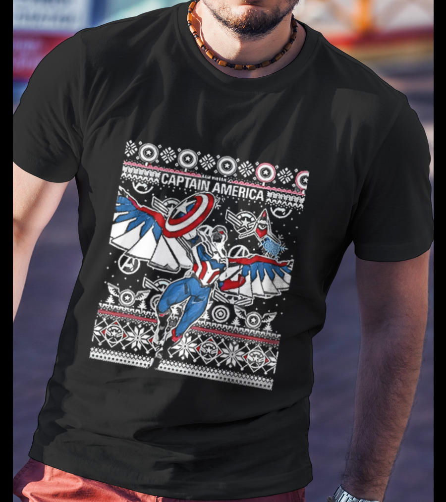 Marvel Captain America Sam Wilson Christmas Sweater Style Festive Holiday T-Shirt
