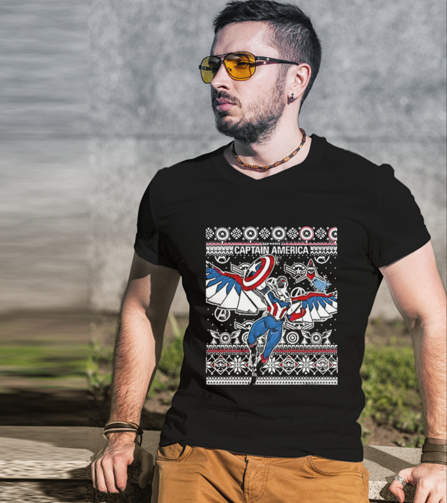 Marvel Captain America Sam Wilson Christmas Sweater Style Festive Holiday T-Shirt