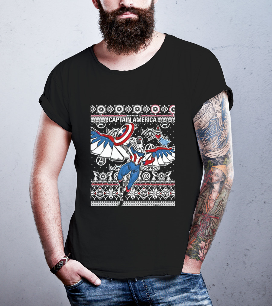 Marvel Captain America Sam Wilson Christmas Sweater Style Festive Holiday T-Shirt