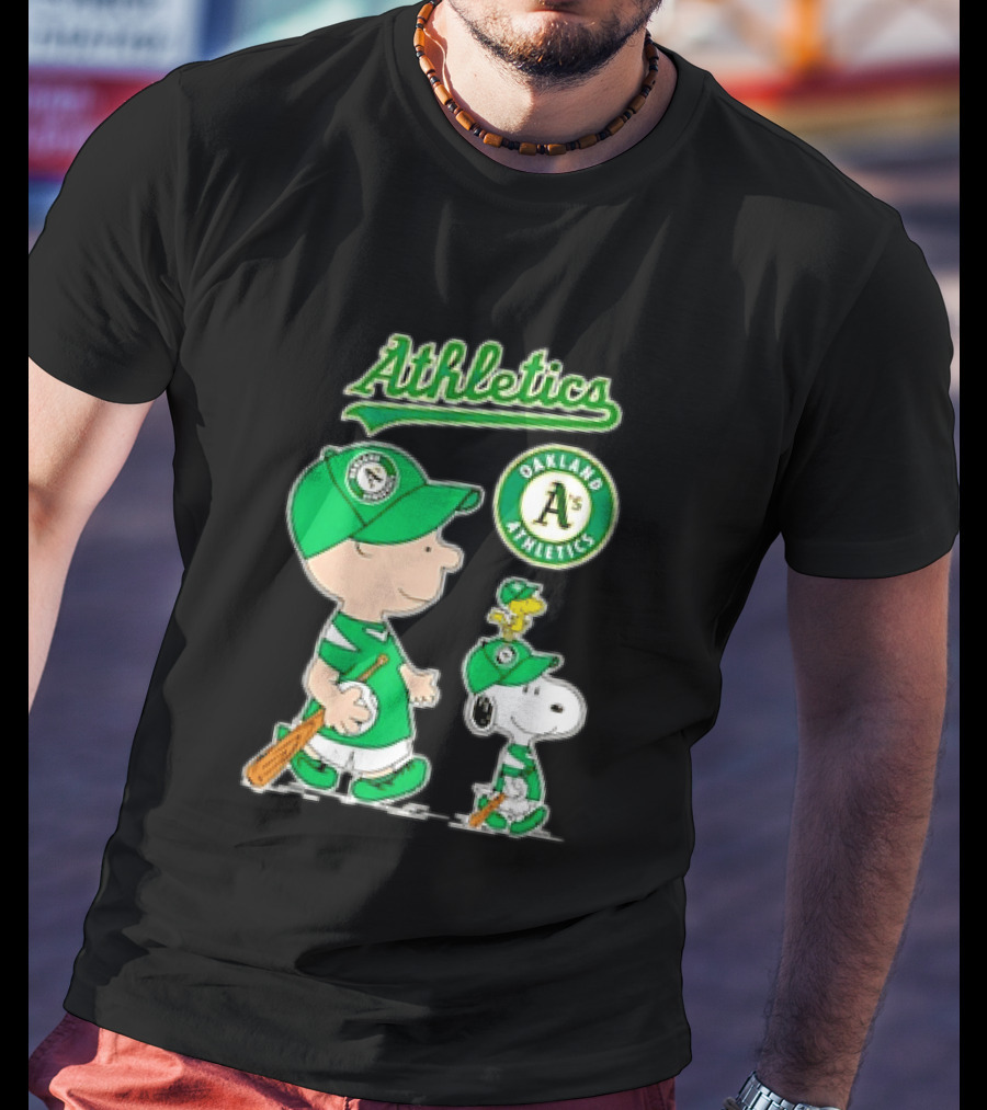Oakland Athletics MLB Charlie Brown Snoopy Woodstock Baseball Peanuts Characters T-Shirt
