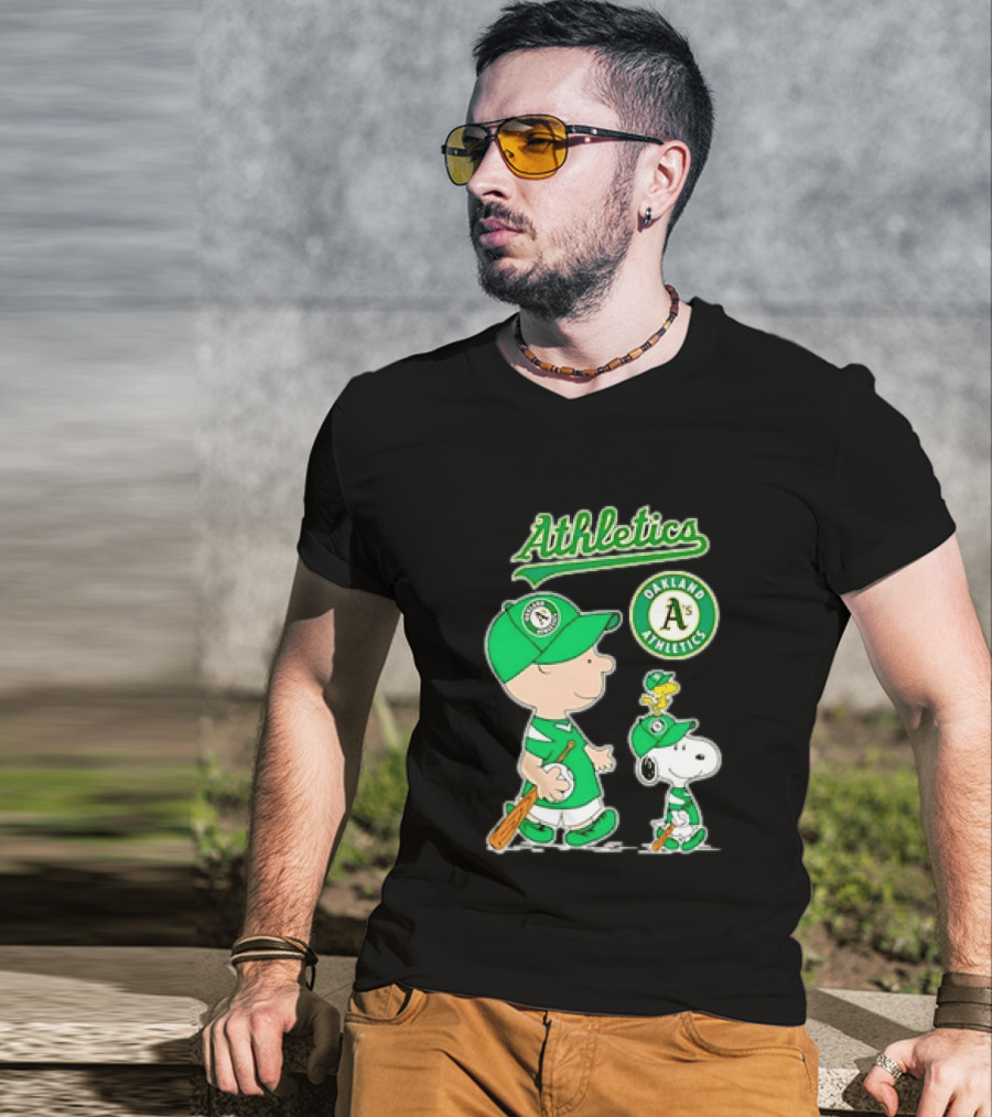 Oakland Athletics MLB Charlie Brown Snoopy Woodstock Baseball Peanuts Characters T-Shirt