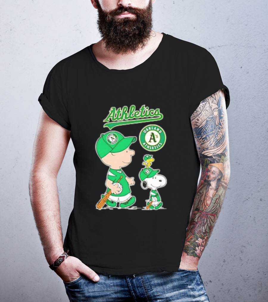 Oakland Athletics MLB Charlie Brown Snoopy Woodstock Baseball Peanuts Characters T-Shirt