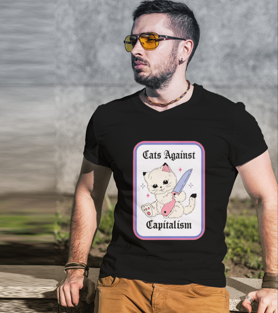 Cats Against Capitalism Cute Cat With Knife T-Shirt