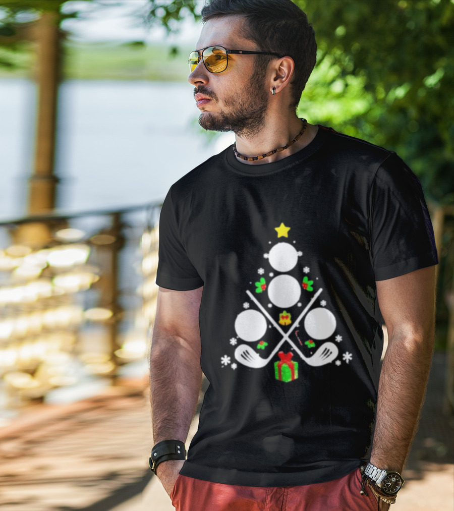Golf Clubs Balls Christmas Tree Present Star T-Shirt