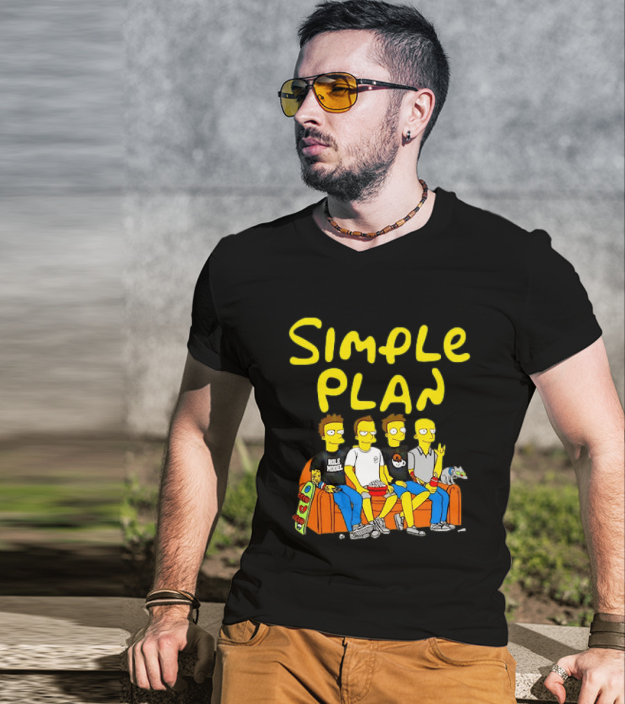 Simple Plan Band Members Cartoon Style On Couch T-Shirt