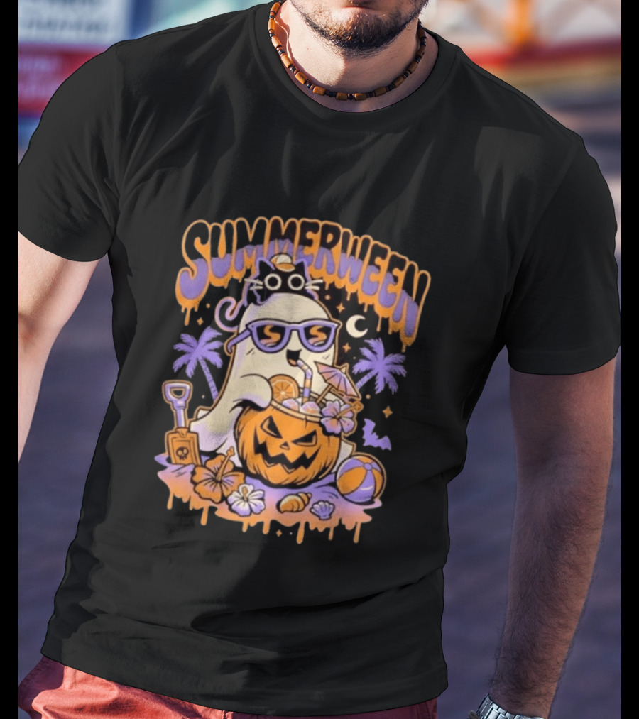 Summerween Cartoon Ghost Sunglasses Drinking Pumpkin Beach Vibes T-Shirt