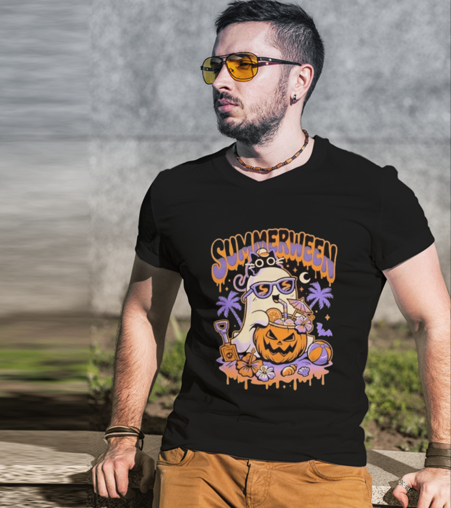 Summerween Cartoon Ghost Sunglasses Drinking Pumpkin Beach Vibes T-Shirt