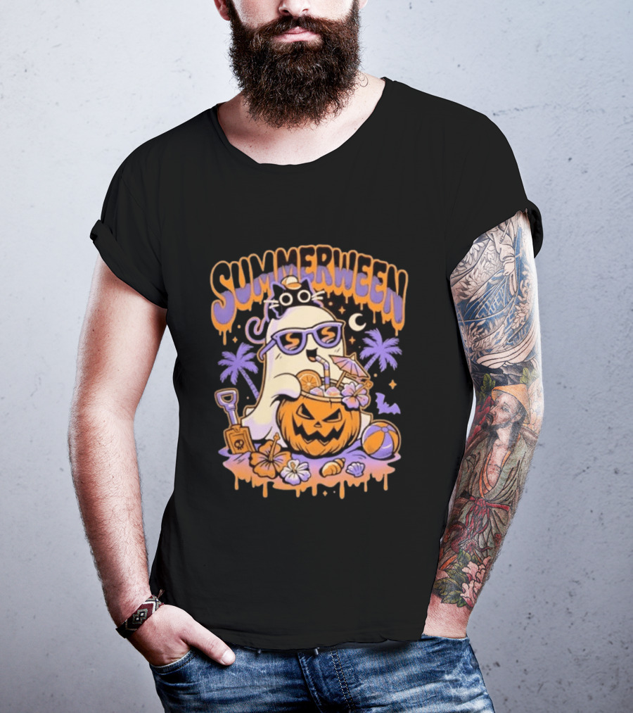 Summerween Cartoon Ghost Sunglasses Drinking Pumpkin Beach Vibes T-Shirt