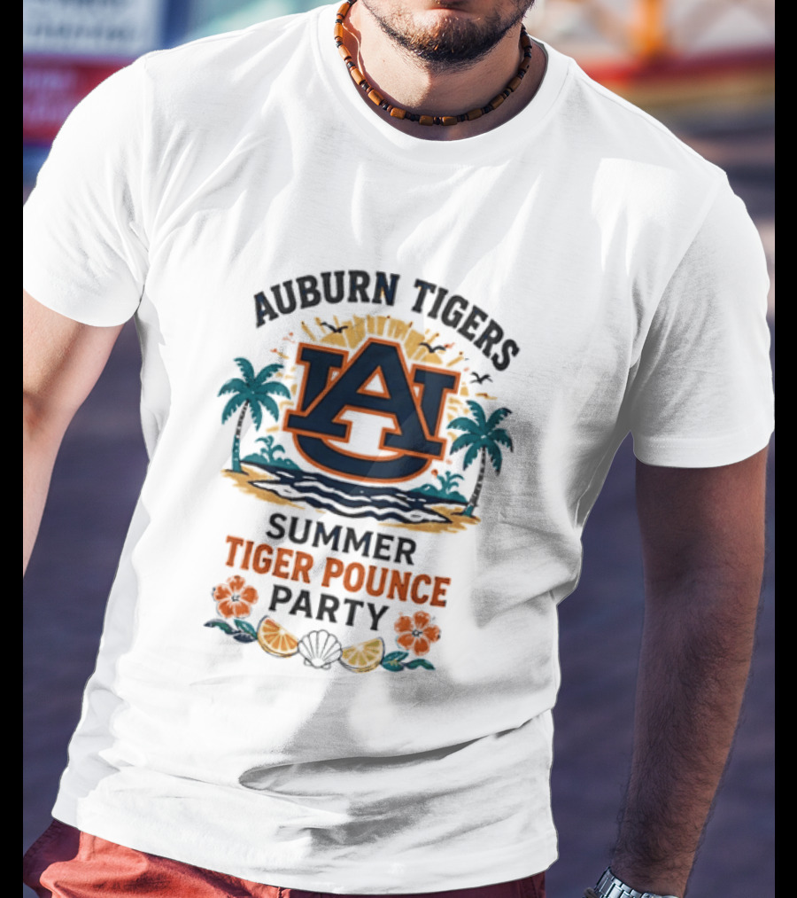 Auburn Tigers Summer Tiger Pounce Party Tropical Beach Scene T-Shirt