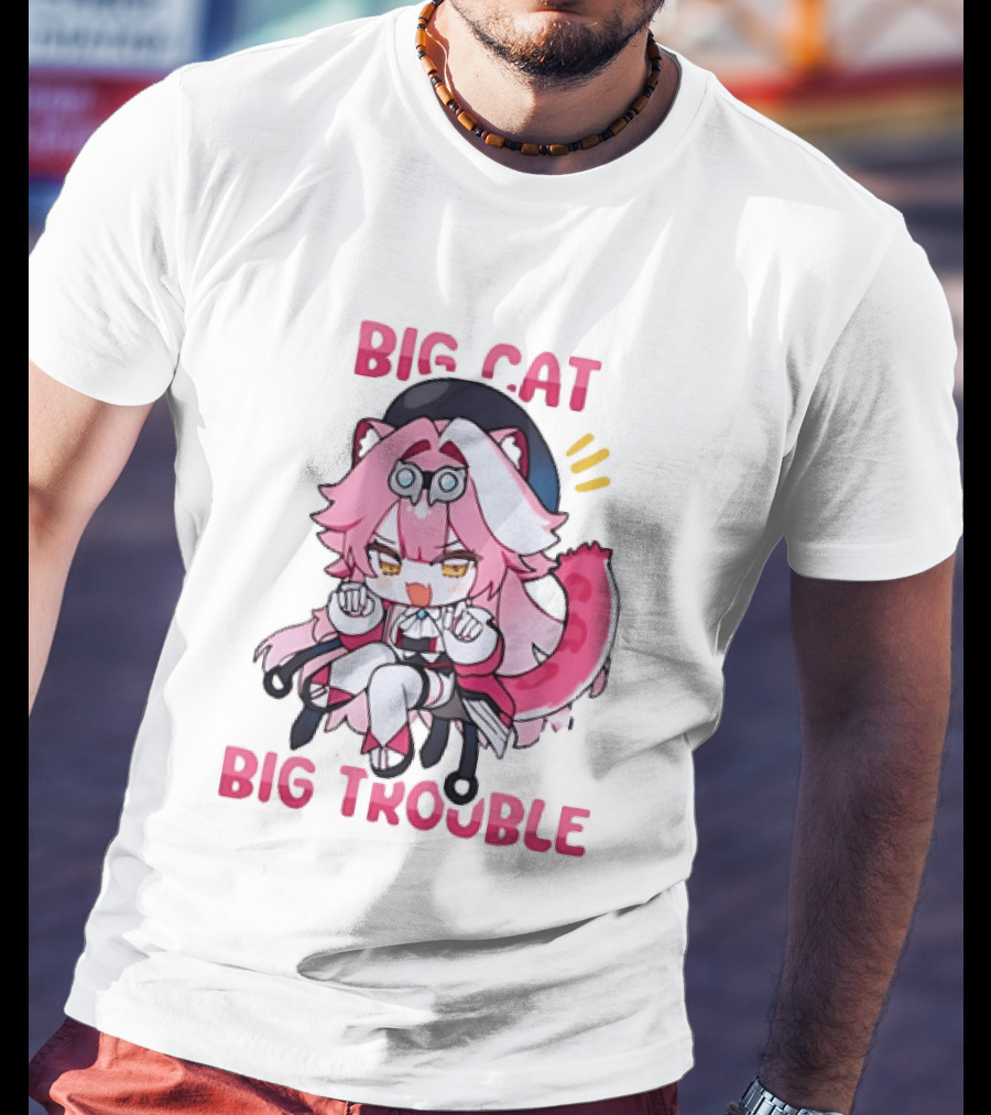Big Cat Big Trouble Chibi Character With Pink Hair And Tail T-Shirt