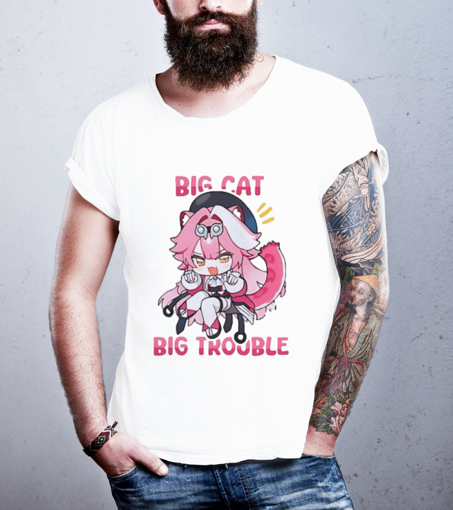 Big Cat Big Trouble Chibi Character With Pink Hair And Tail T-Shirt