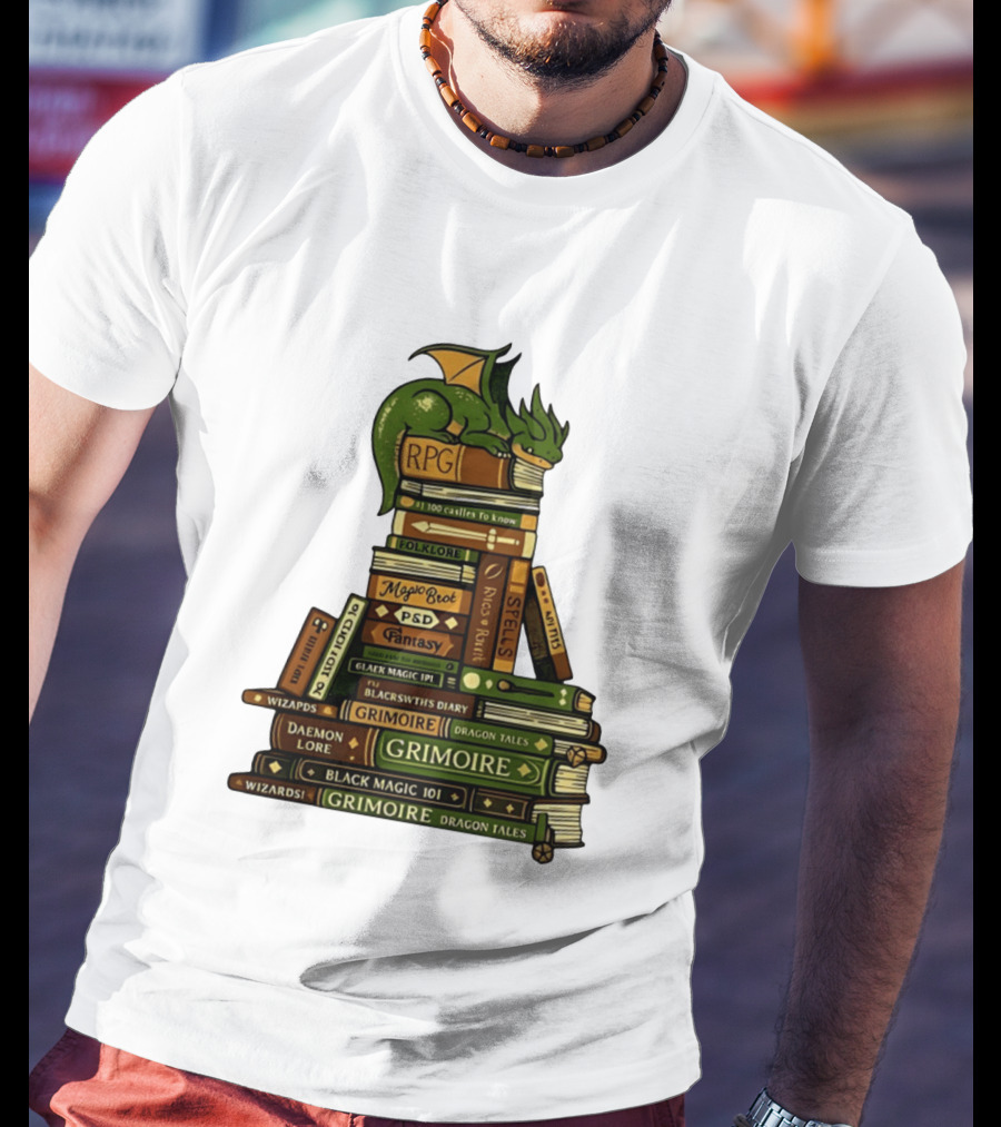 Dragon Resting On RPG Fantasy Grimoire Magic Books Stack T-Shirt