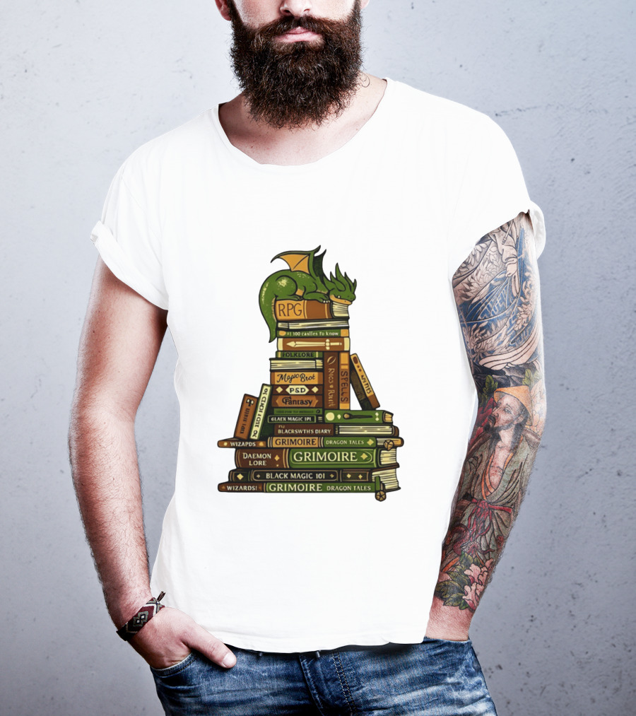 Dragon Resting On RPG Fantasy Grimoire Magic Books Stack T-Shirt