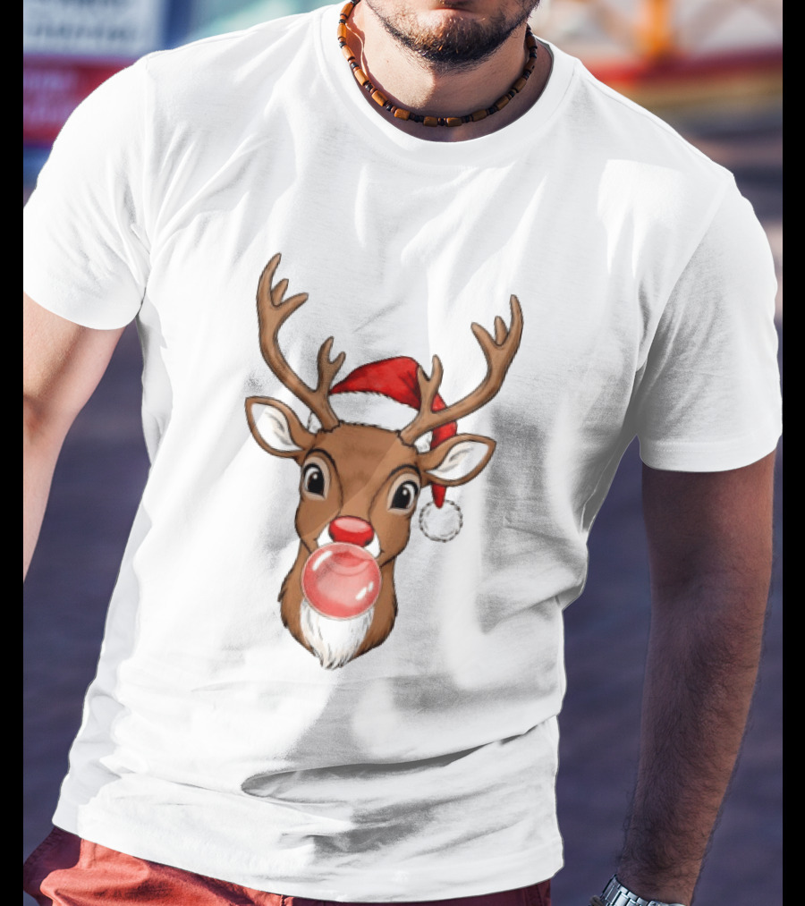 Merry Christmas Reindeer Santa Hat Bubble Gum Red Nose T-Shirt