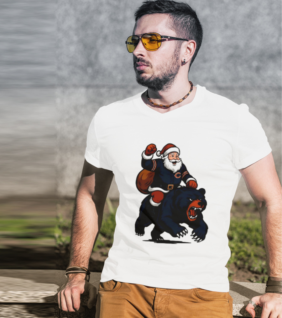 Chicago Bears Santa Claus Riding Bear Christmas Football T-Shirt
