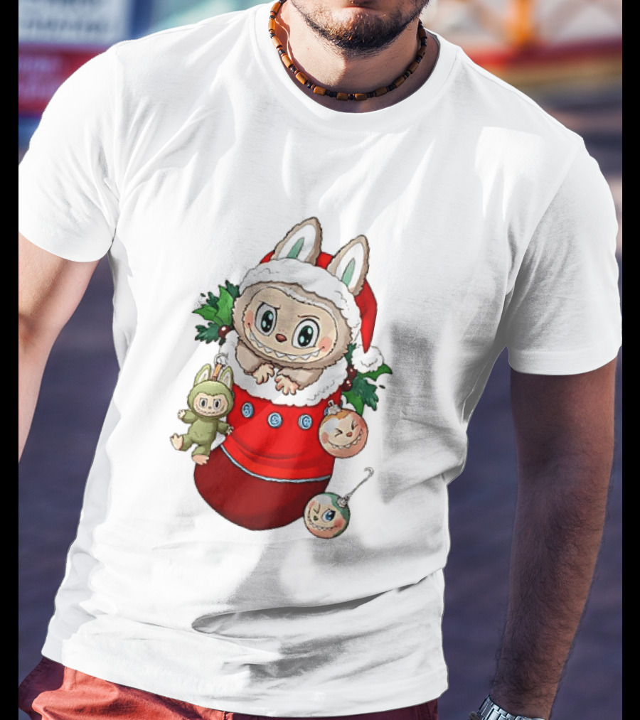 Stocking Stuffer Labubu Christmas Santa Hat Holly Ornaments T-Shirt